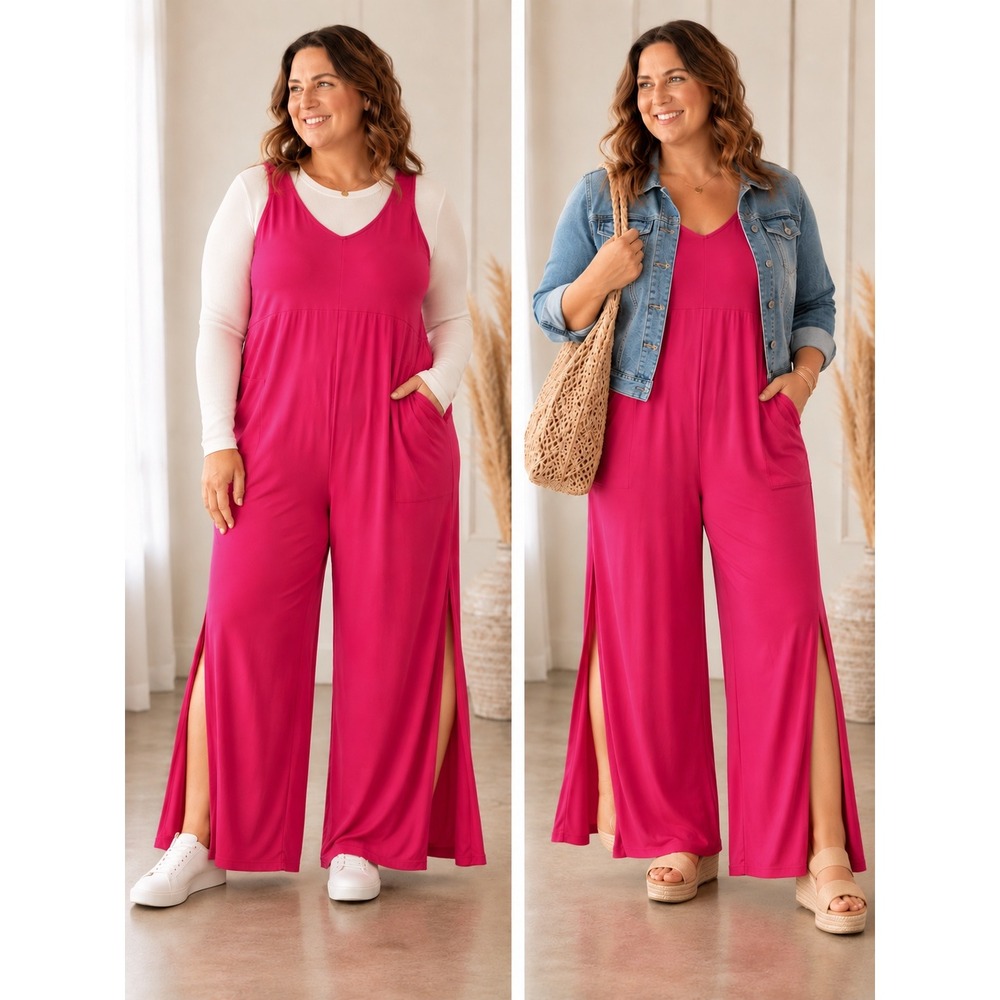 Cuddl Duds Pink Wide Leg Sleeveless Jumpsuit 1X Pockets Side Slits